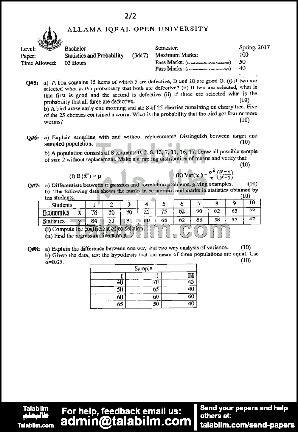 Statistics & Probability 3447 past paper for Spring 2017 Page No. 2