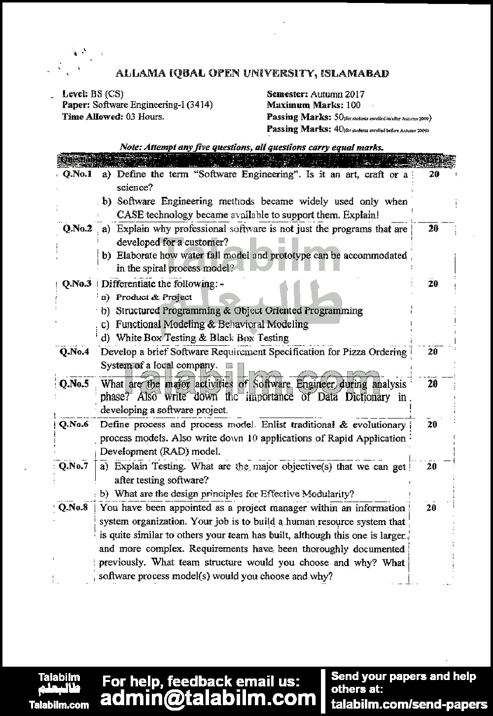 Software Engineering-1 3414 past paper for Autumn 2017 Page No. 2