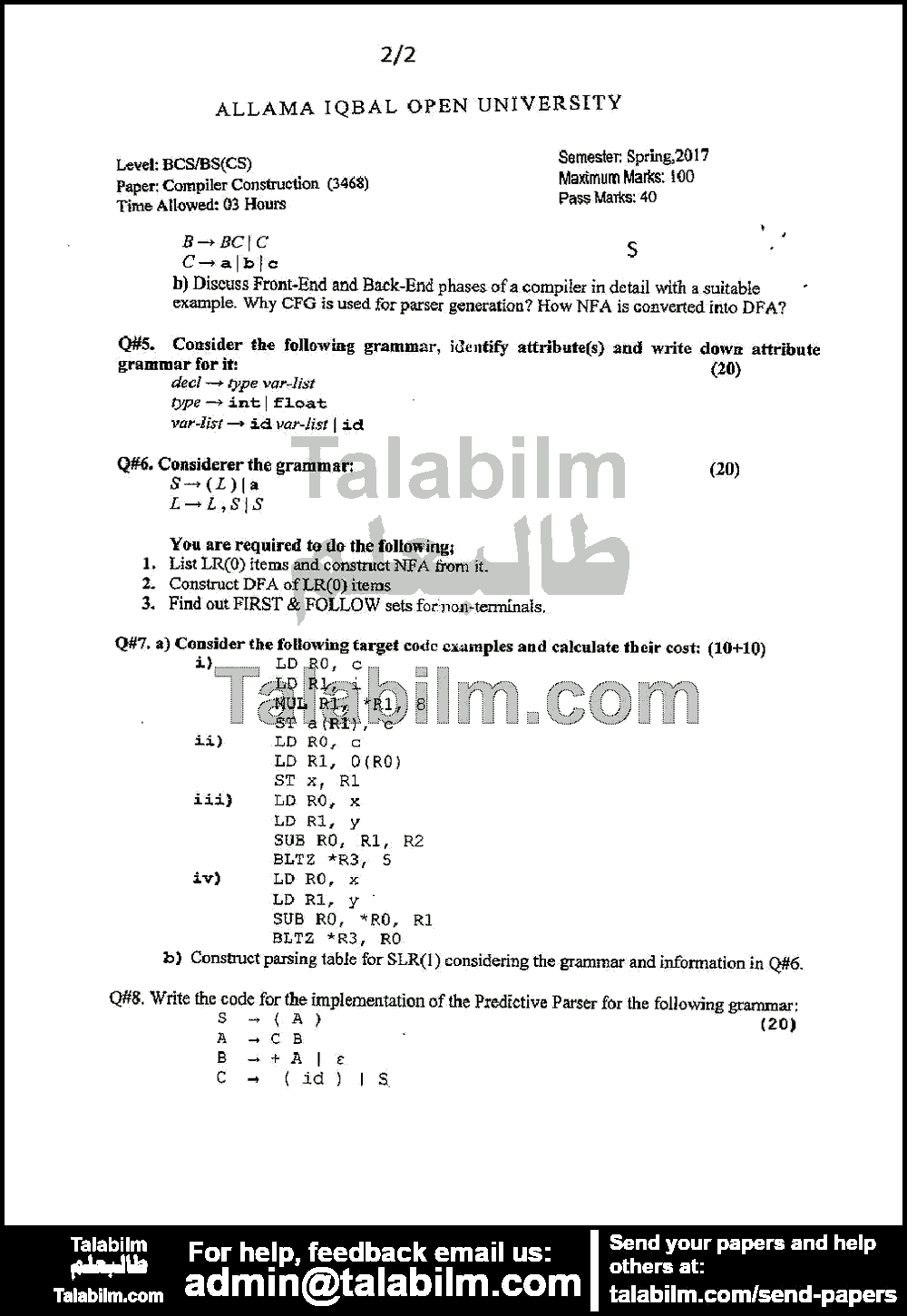 Compiler Construction 3468 past paper for Spring 2017 Page No. 2