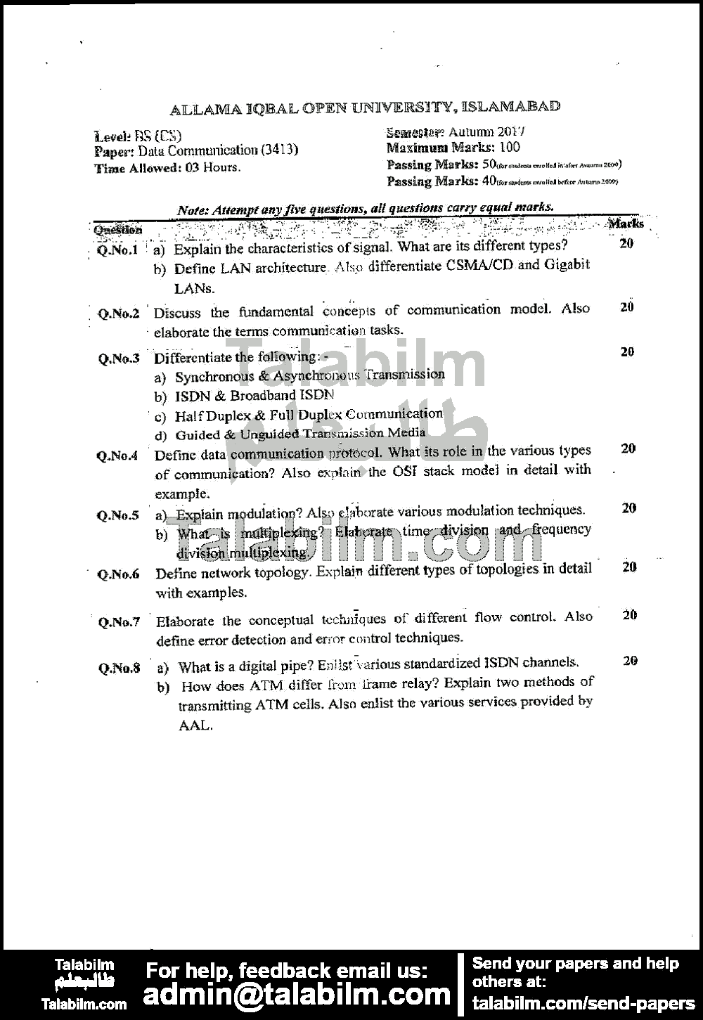 Data Communication 3413 past paper for Autumn 2017 Page No. 2