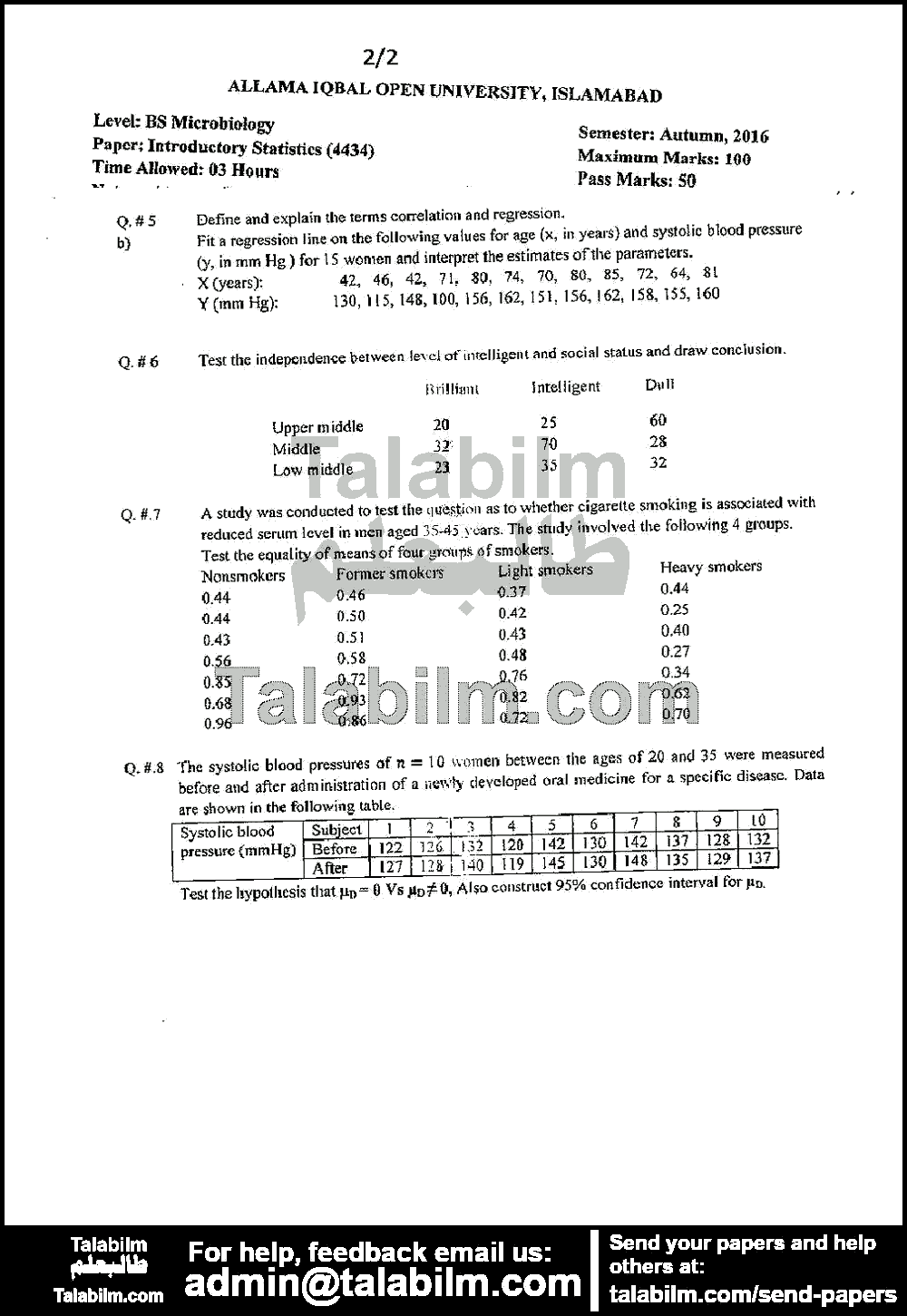 Introductory Statistics 4434 past paper for Autumn 2016 Page No. 2