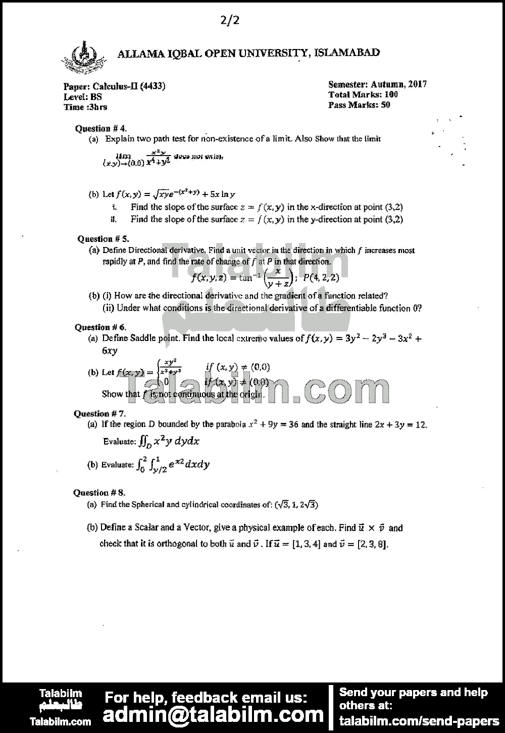 Calculus-II 4433 past paper for Autumn 2017 Page No. 2