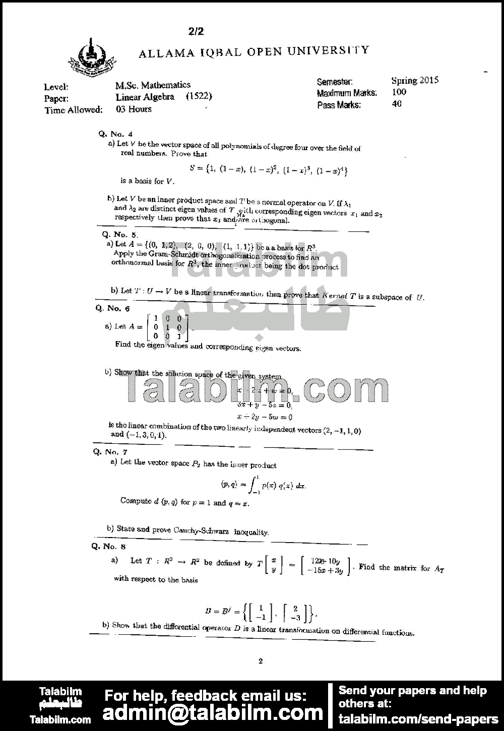 Linear Algebra 1522 past paper for Spring 2015 Page No. 2