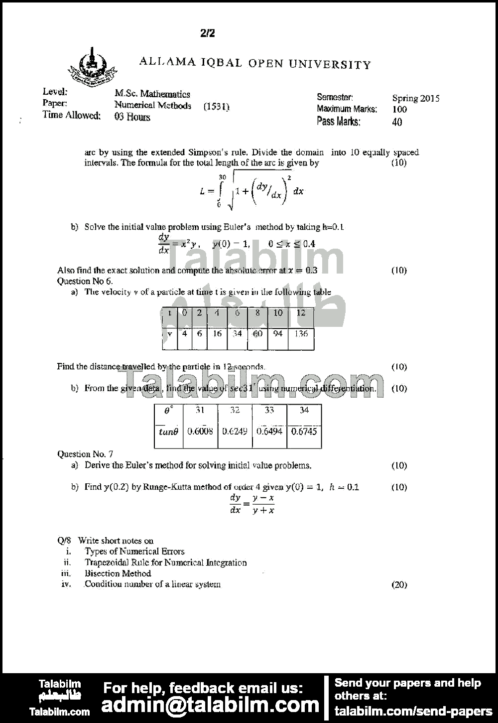 Numerical methods 1531 past paper for Spring 2015 Page No. 2