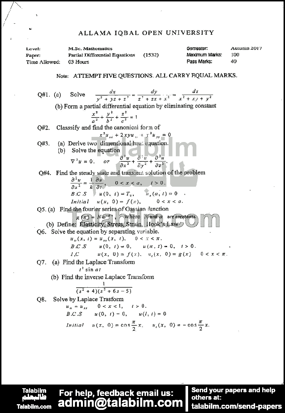Partial Differential Equations 1532 past paper for Autumn 2017