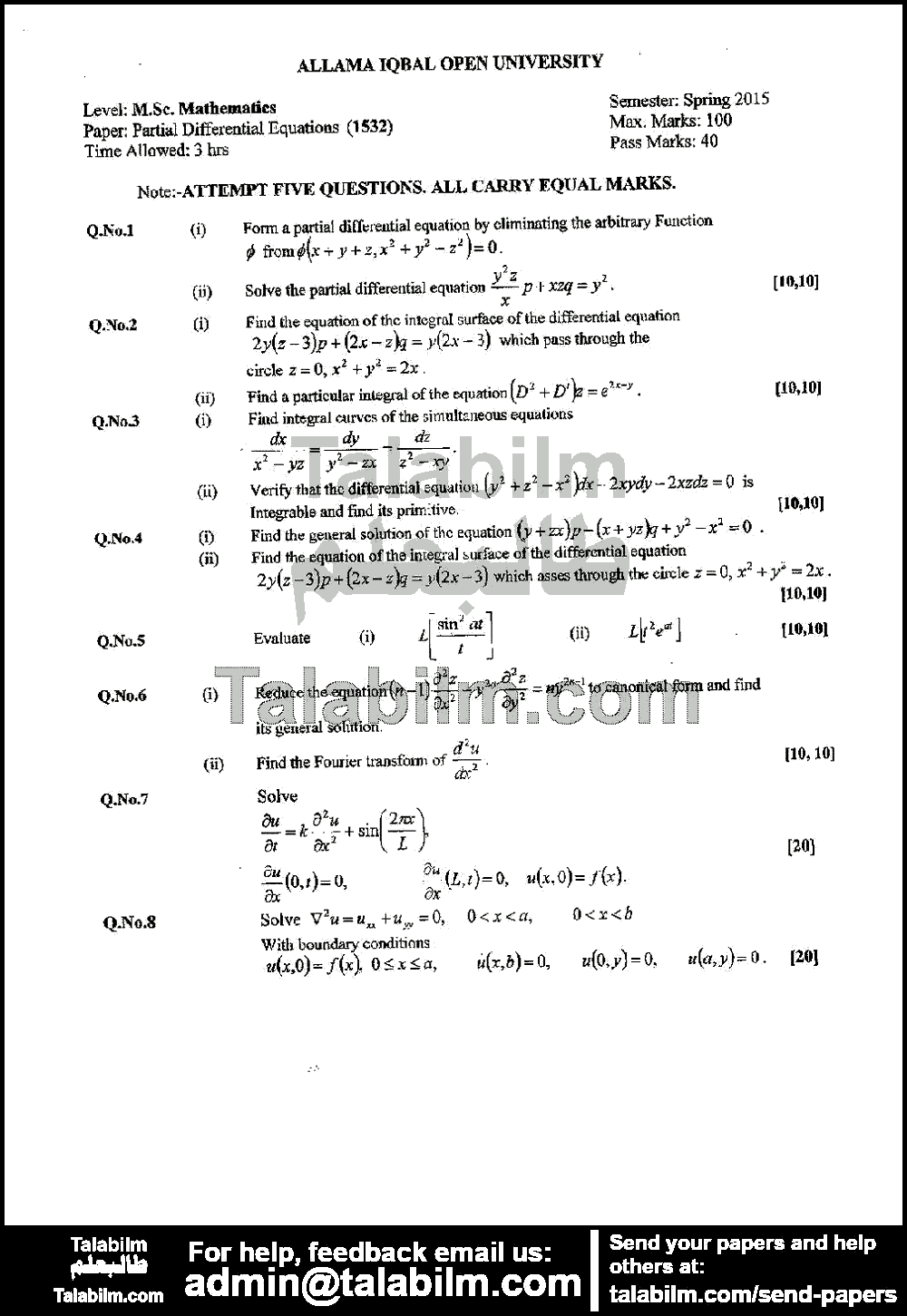 Partial Differential Equations 1532 past paper for Spring 2015