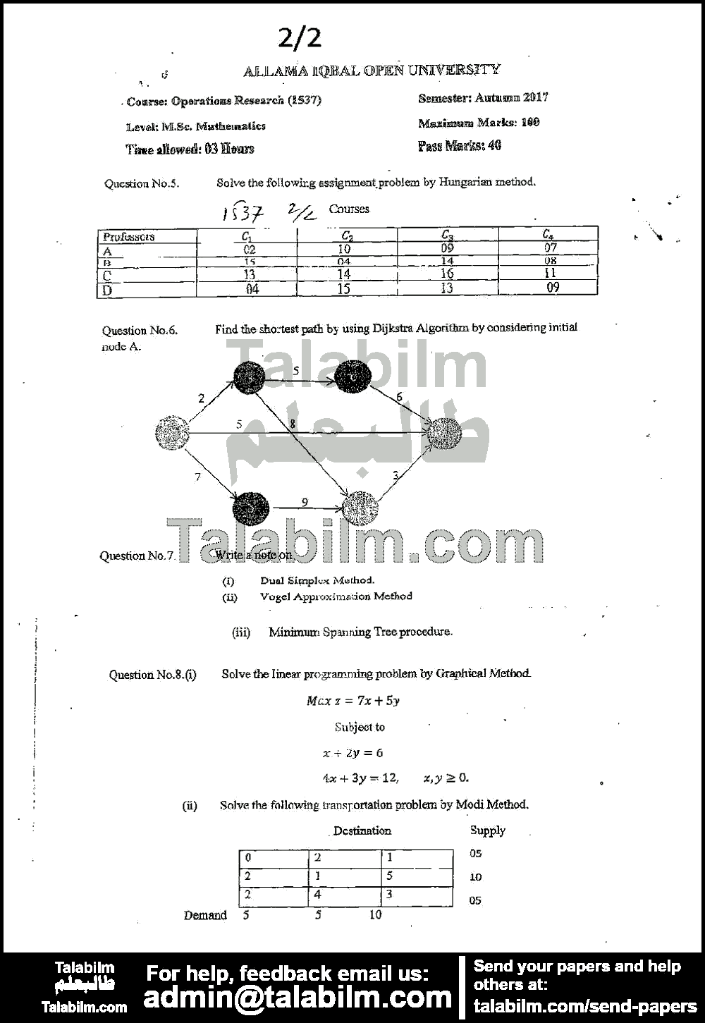 Operation Research 1537 past paper for Autumn 2017 Page No. 2