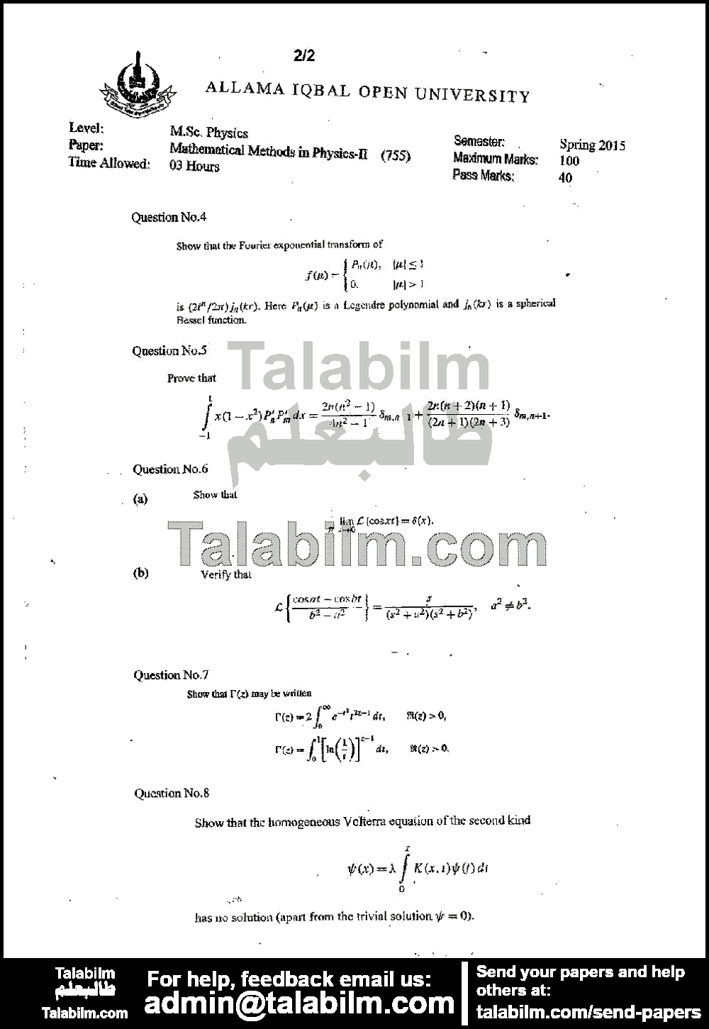 Mathematical Methods in Physics-II 755 past paper for Spring 2015 Page No. 2