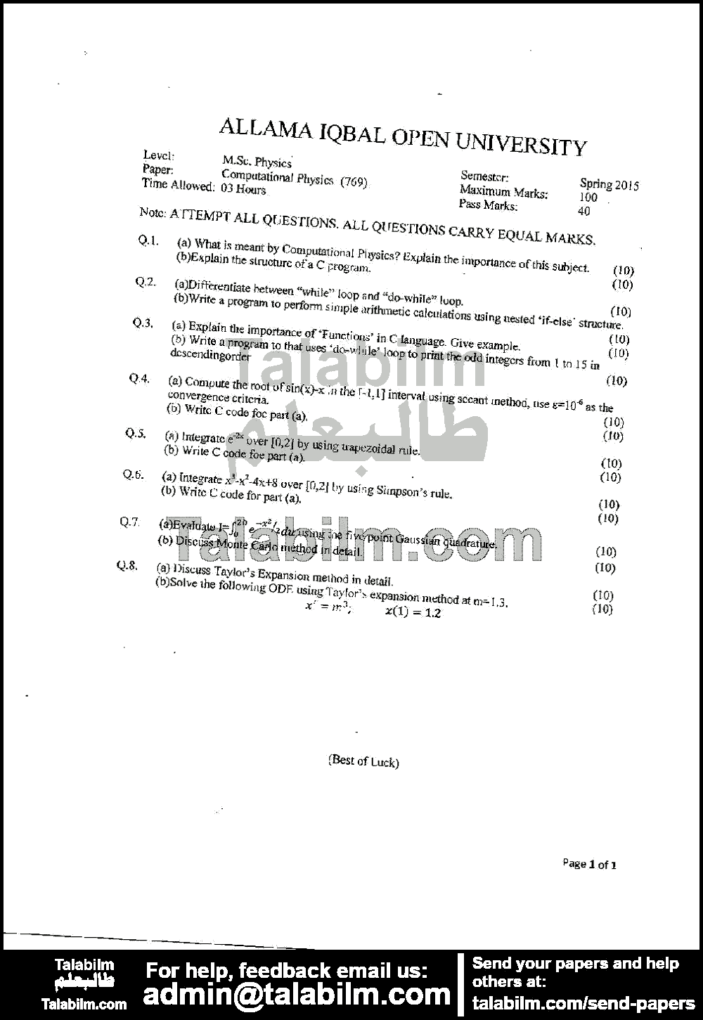Computational Physics 769 past paper for Spring 2015