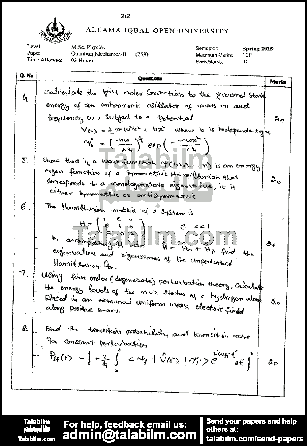 Quantum Mechanics-II 759 past paper for Spring 2015 Page No. 2