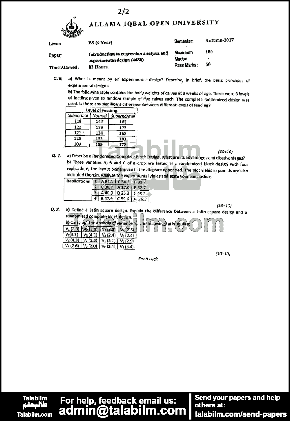 Introduction to Regression Analysis and Experimental Designs 4486 past paper for Autumn 2017 Page No. 2