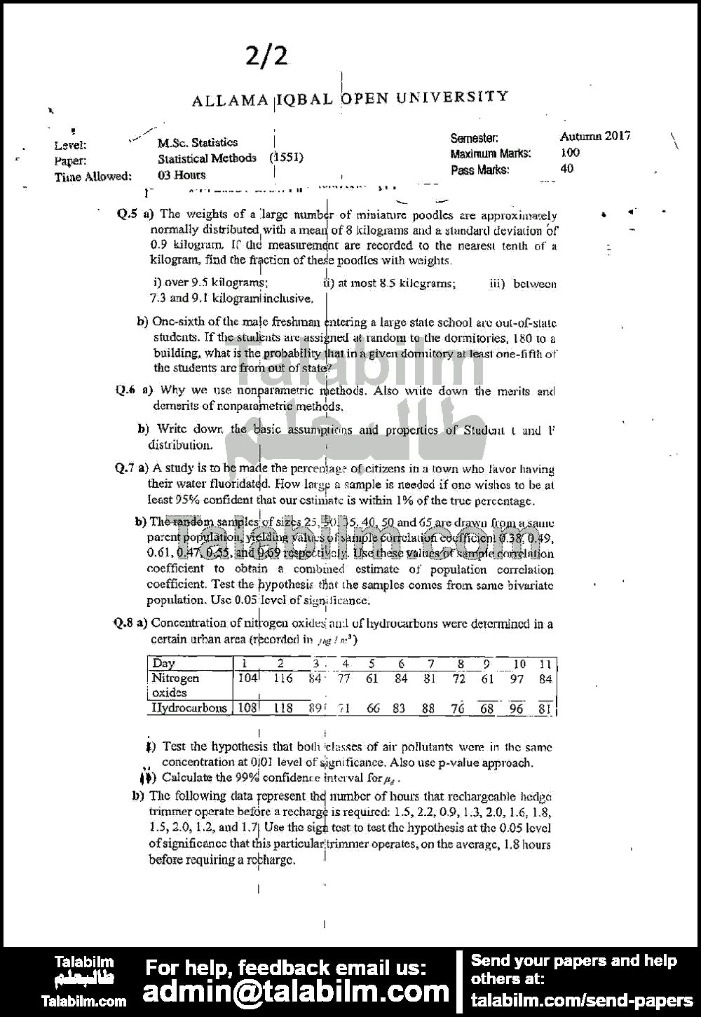 Statistical Methods 1551 past paper for Autumn 2017 Page No. 2