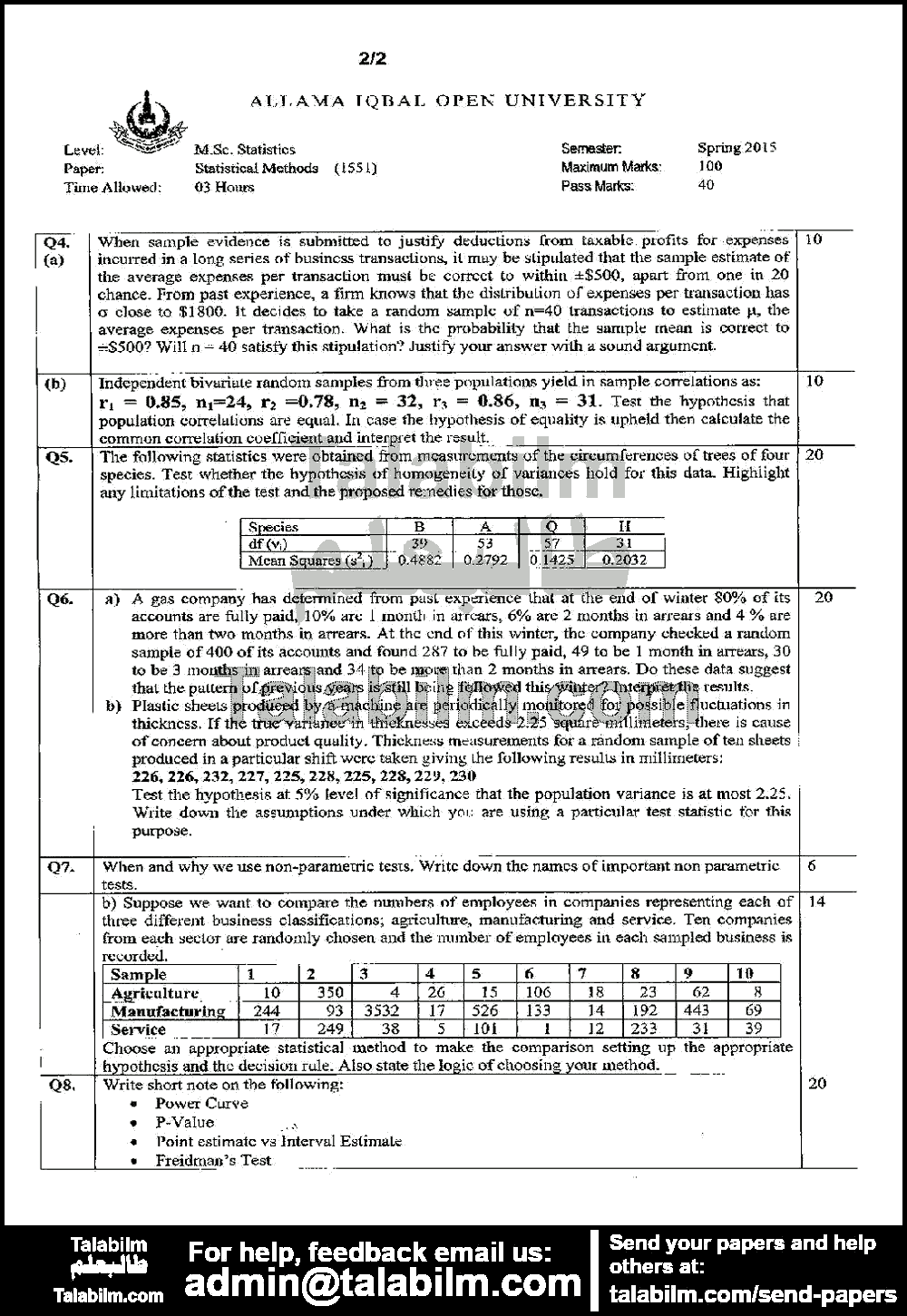 Statistical Methods 1551 past paper for Spring 2015 Page No. 2