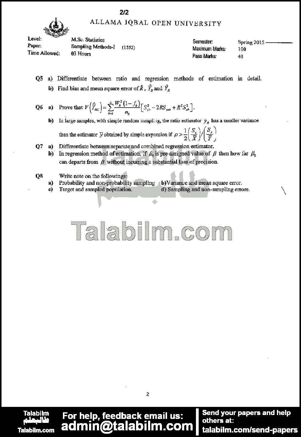 Sampling Techniques-I 1552 past paper for Spring 2015 Page No. 2