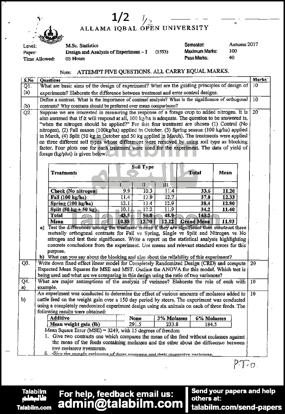 Design & Analysis of Experiments-I 1553 past paper for Autumn 2017