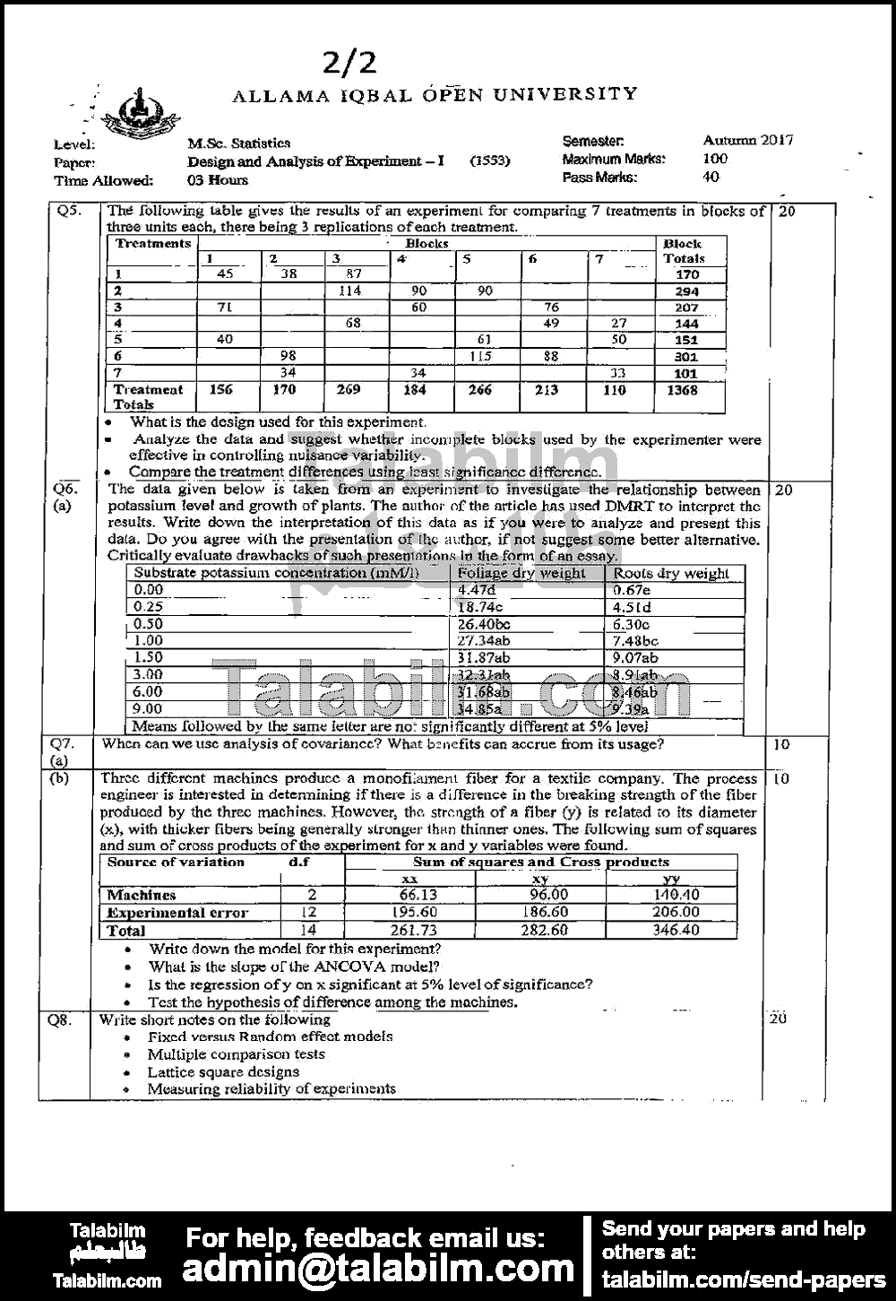 Design & Analysis of Experiments-I 1553 past paper for Autumn 2017 Page No. 2