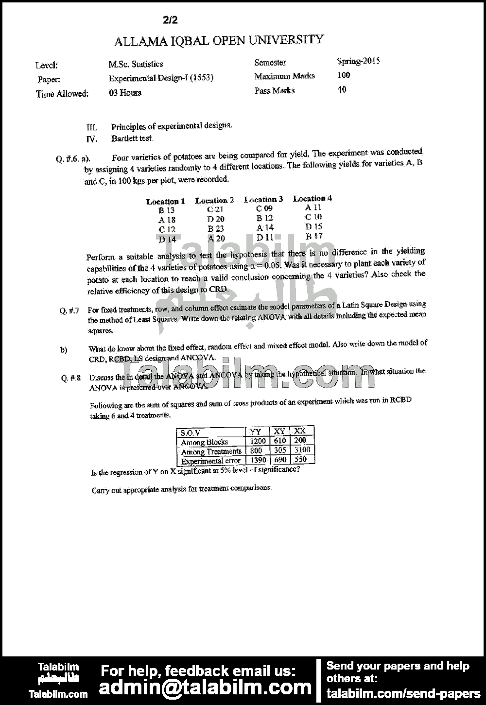 Design & Analysis of Experiments-I 1553 past paper for Spring 2015 Page No. 2