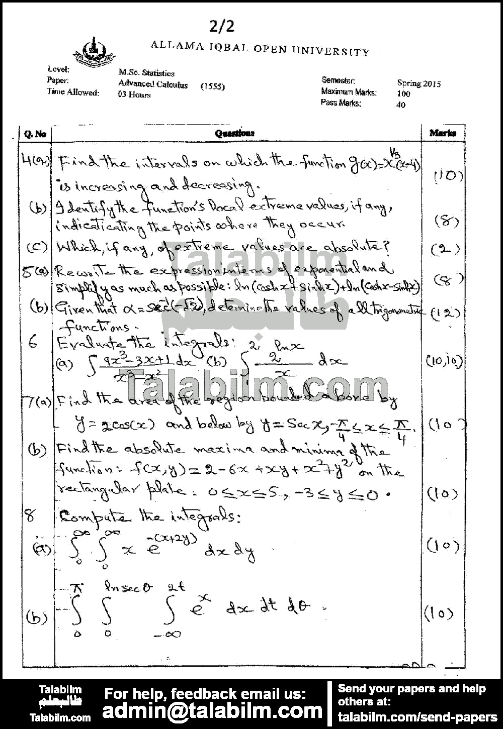 Advanced Calculus 1555 past paper for Spring 2015 Page No. 2