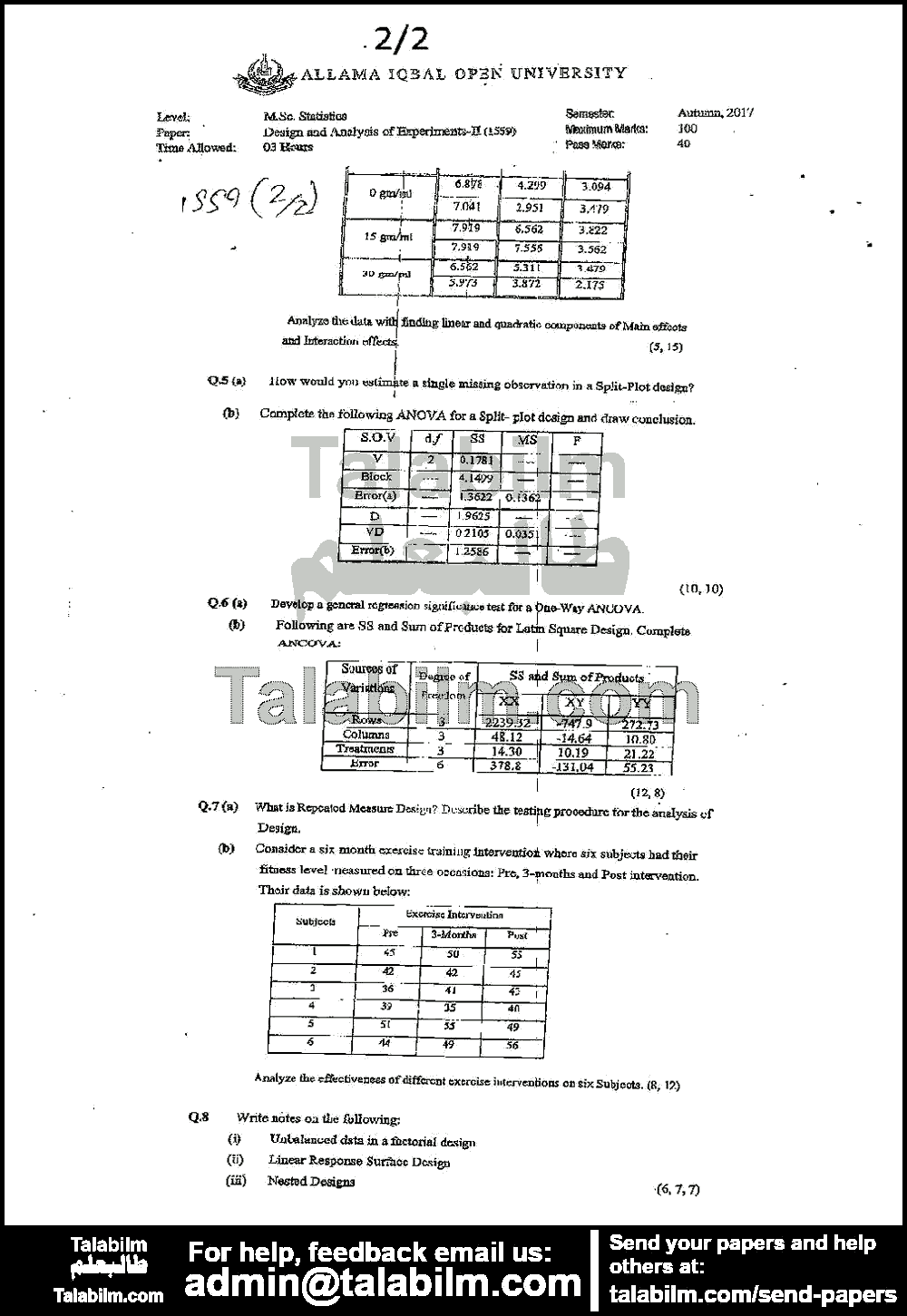 Design & Analysis of Experiments-II 1559 past paper for Autumn 2017 Page No. 2