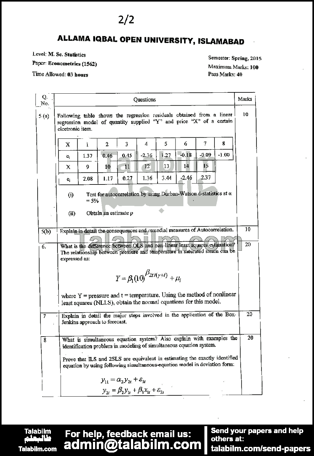 Econometrics 1562 past paper for Spring 2015 Page No. 2