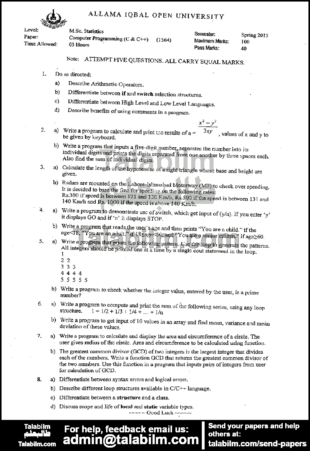 Computer Programming (C & C++) 1564 past paper for Spring 2015