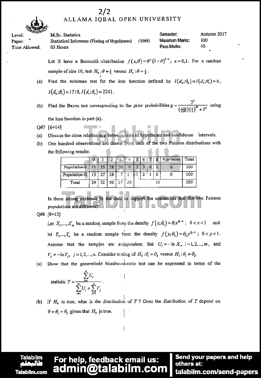 Statistical Inference-Testing of Hypotheses 1566 past paper for Autumn 2017 Page No. 2