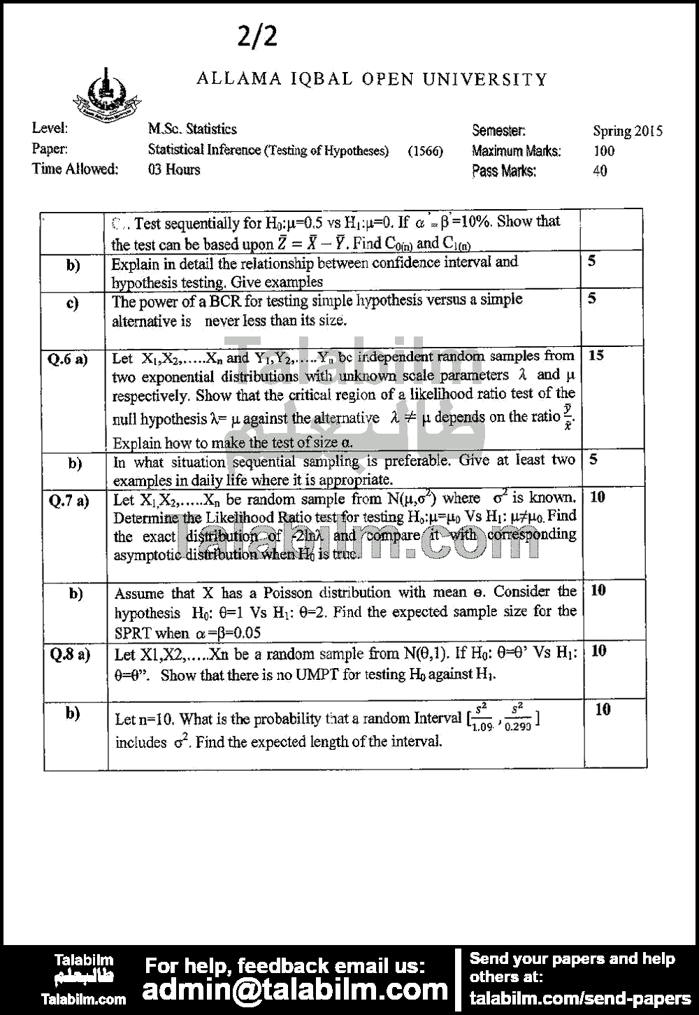 Statistical Inference-Testing of Hypotheses 1566 past paper for Spring 2015 Page No. 2