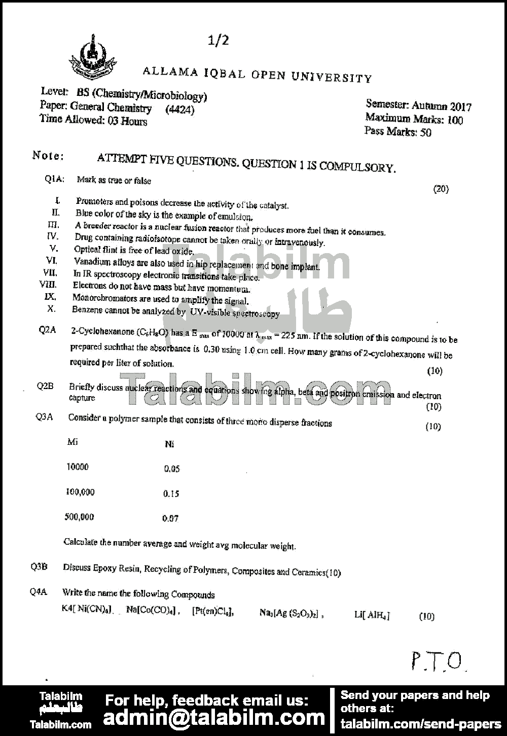 General Chemistry 4424 past paper for Autumn 2017