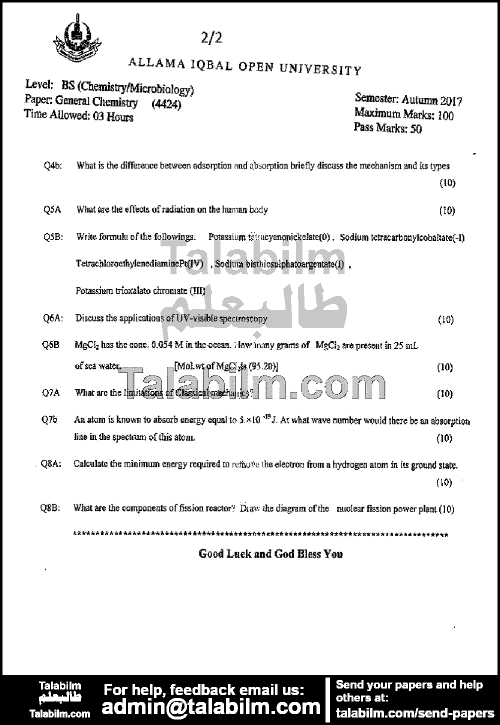 General Chemistry 4424 past paper for Autumn 2017 Page No. 2