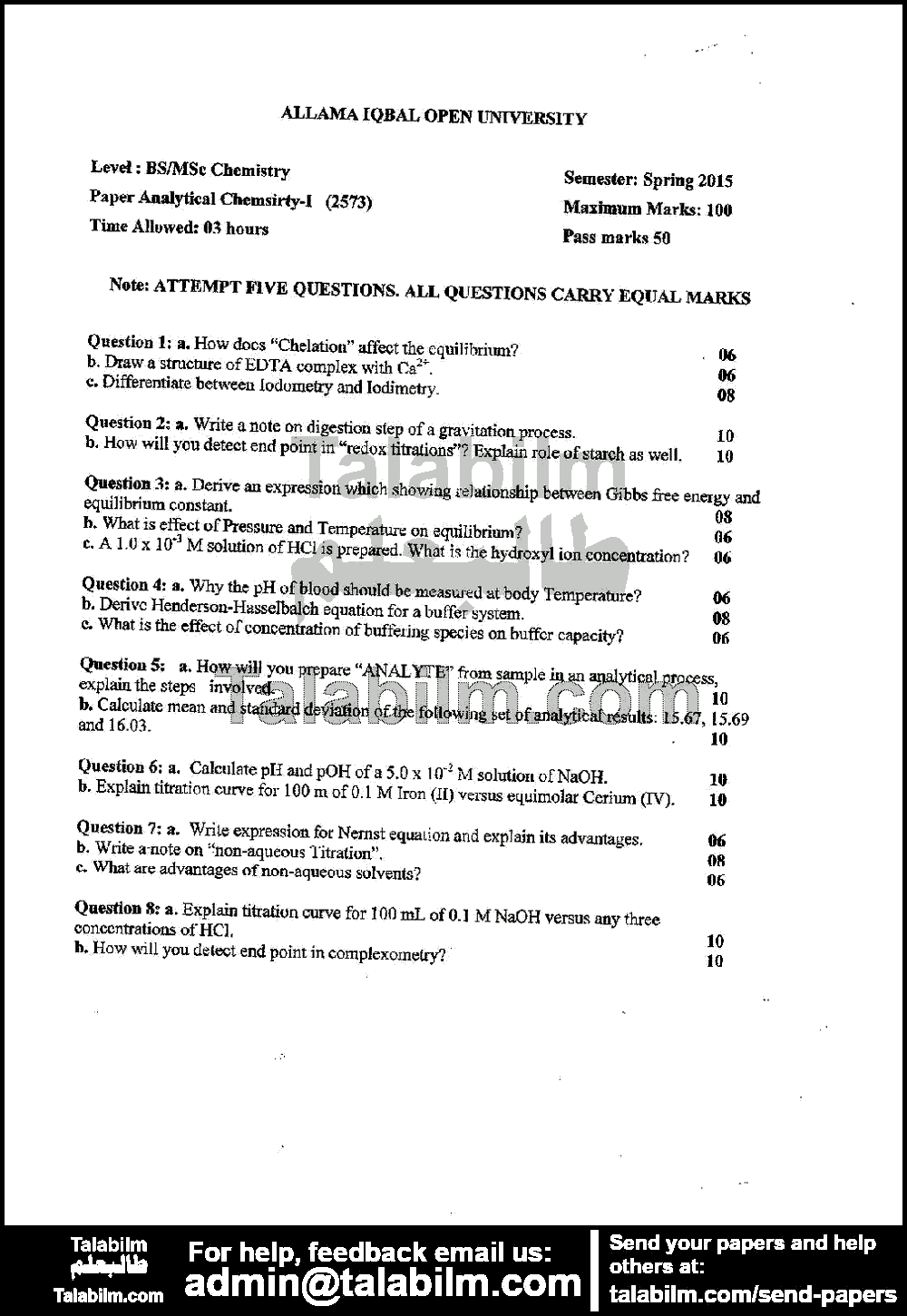 Analytical Chemistry-I 2573 past paper for Spring 2015