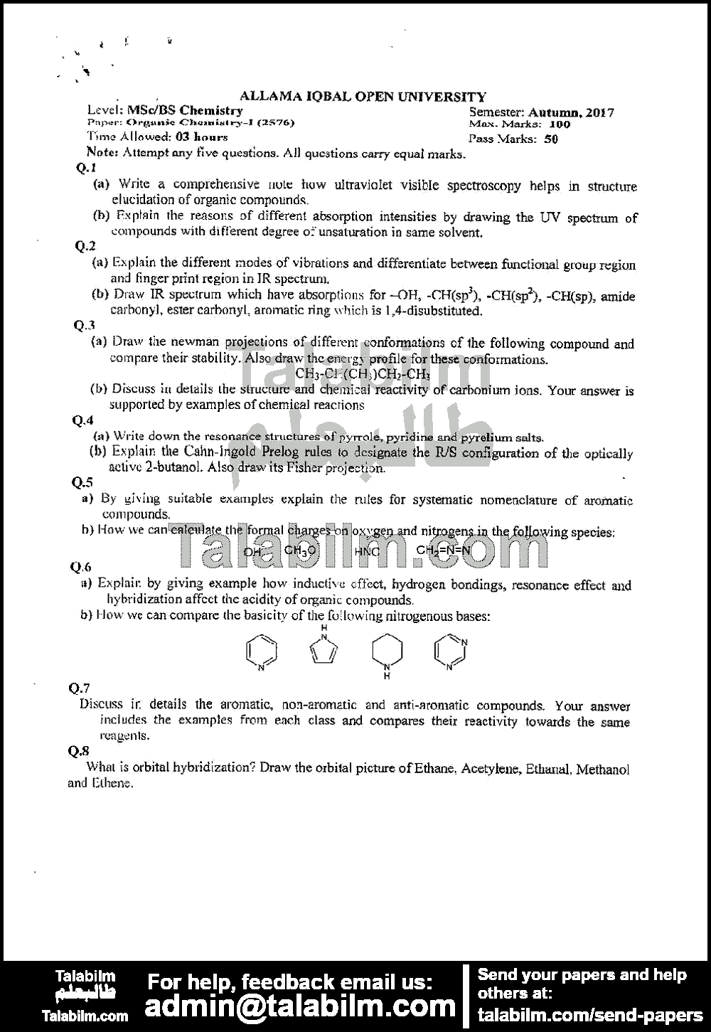 Organic Chemistry-I 2576 past paper for Autumn 2017