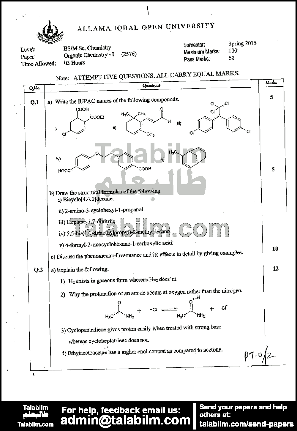 Organic Chemistry-I 2576 past paper for Spring 2015