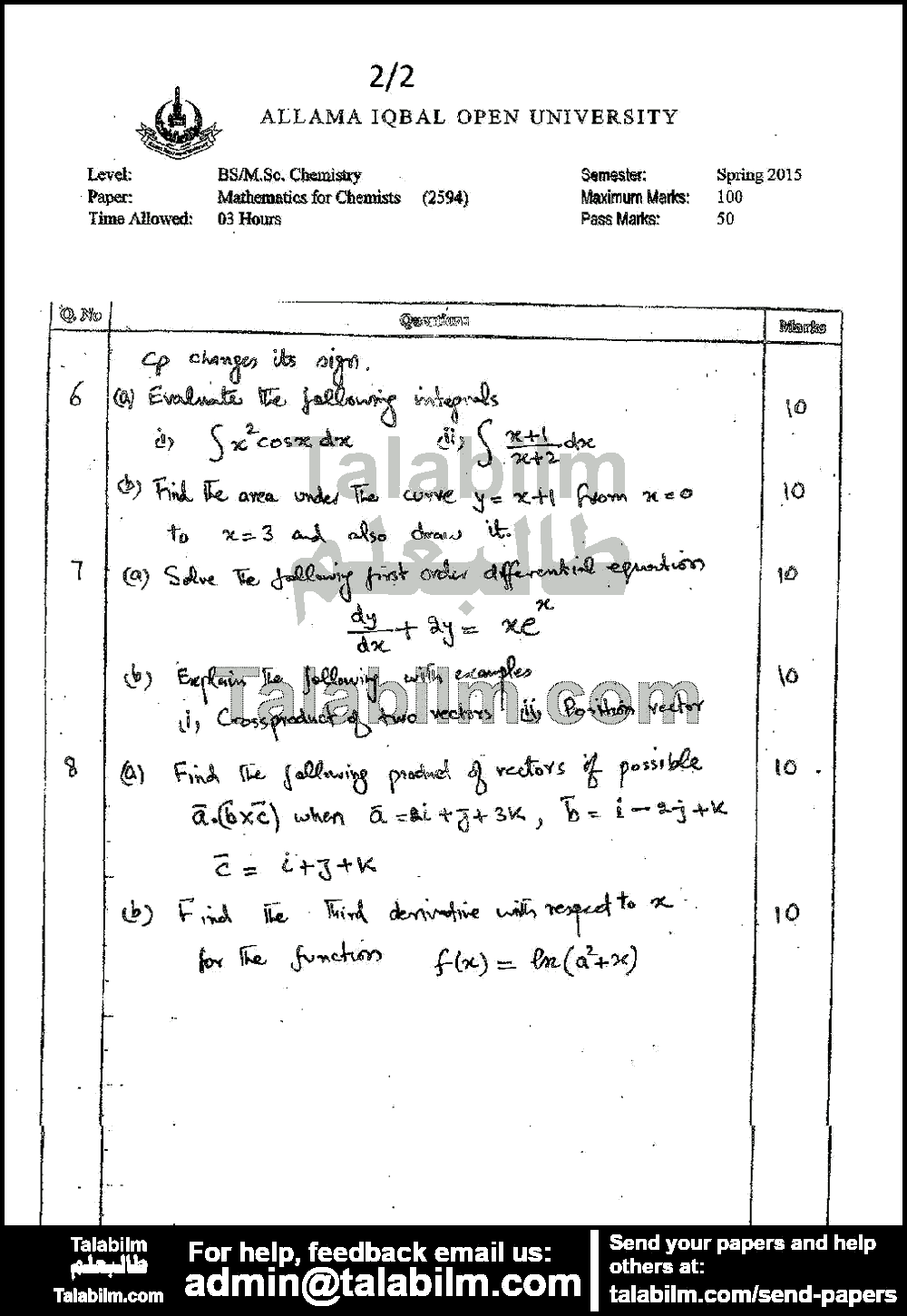 Mathematics for Chemists 2594 past paper for Spring 2015 Page No. 2