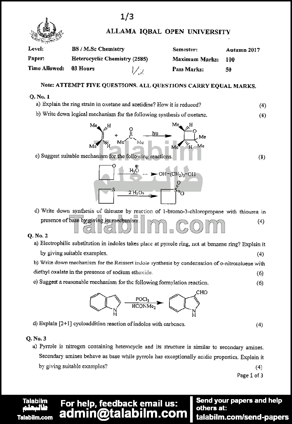 Heterocyclic Chemistry 2585 past paper for Autumn 2017
