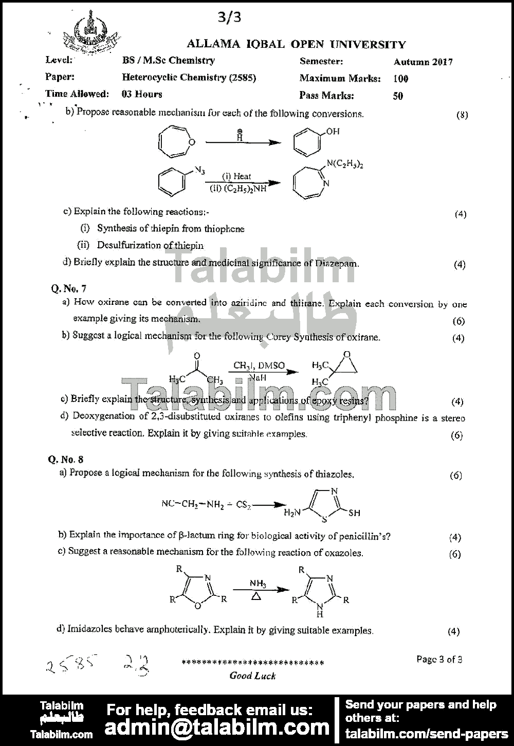 Heterocyclic Chemistry 2585 past paper for Autumn 2017 Page No. 3