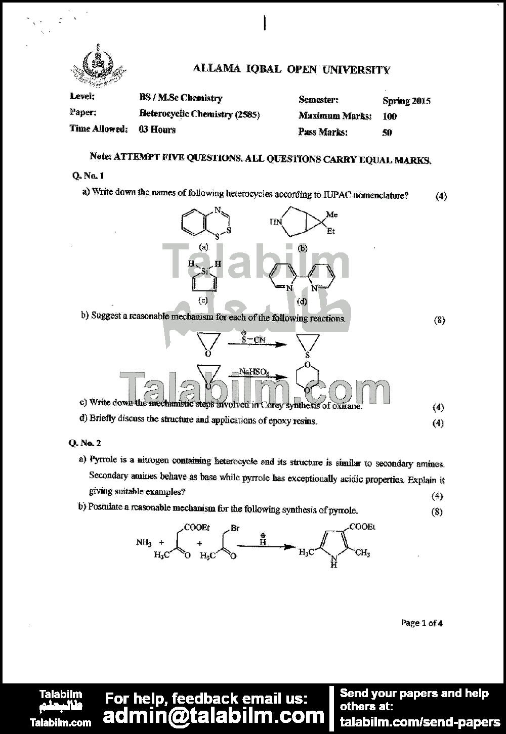 Heterocyclic Chemistry 2585 past paper for Spring 2015