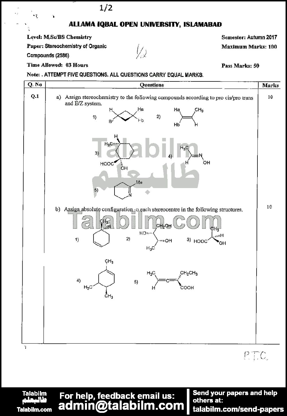 Stereochemistry of Organic Compounds 2586 past paper for Autumn 2017