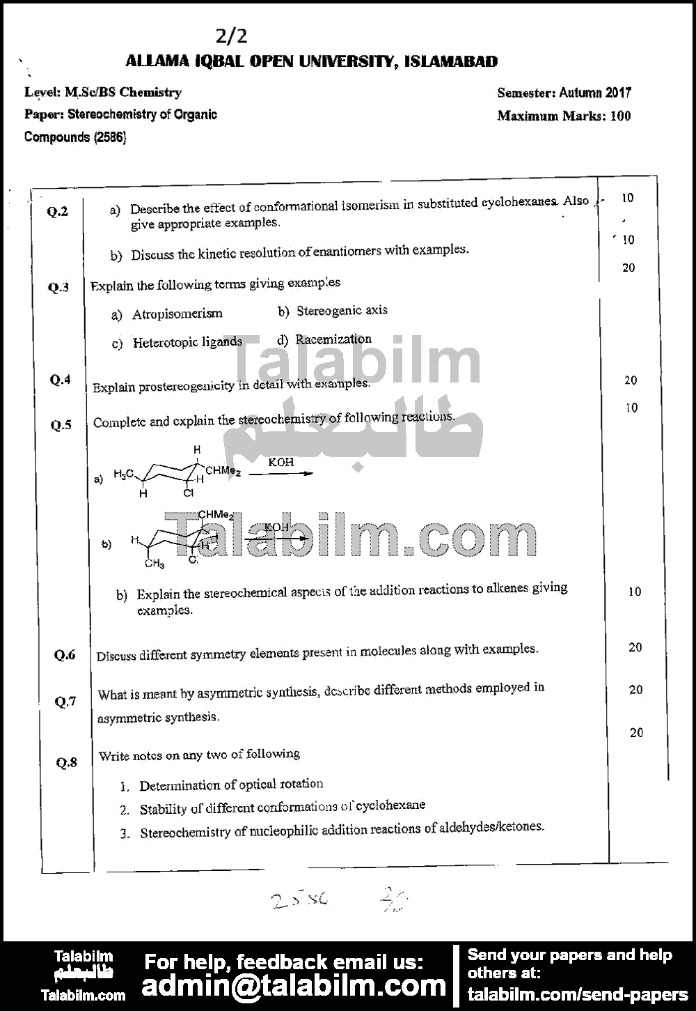 Stereochemistry of Organic Compounds 2586 past paper for Autumn 2017 Page No. 2