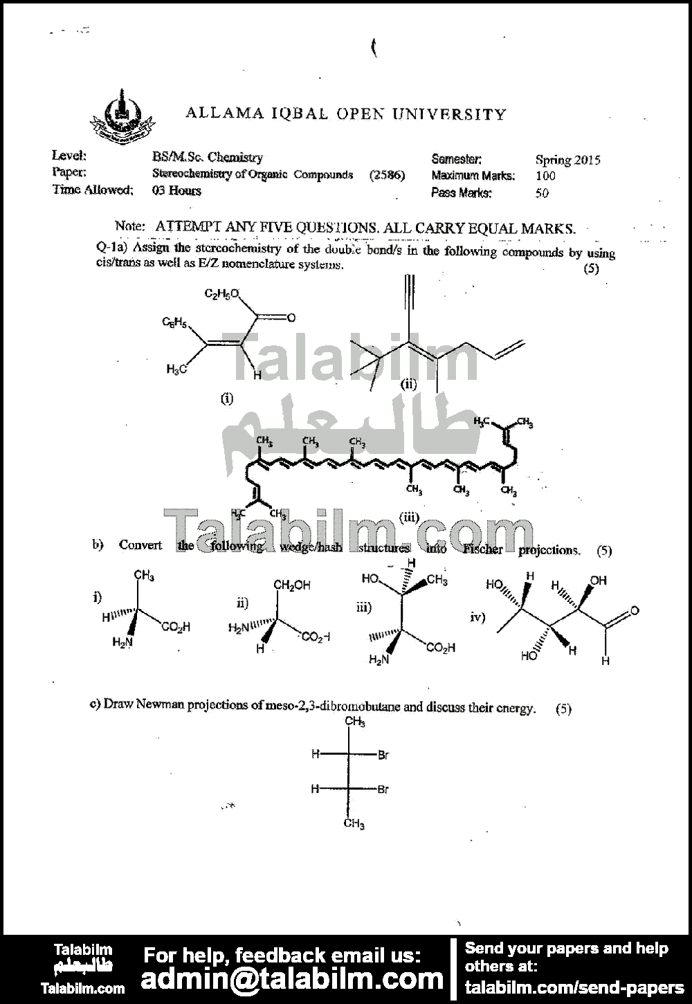 Stereochemistry of Organic Compounds 2586 past paper for Spring 2015