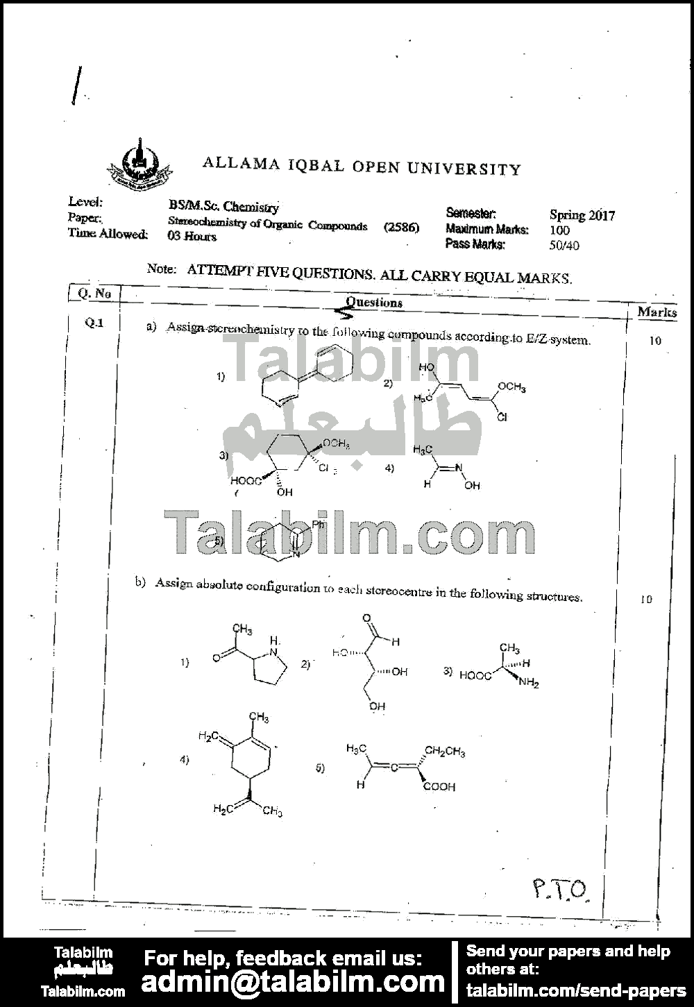 Stereochemistry of Organic Compounds 2586 past paper for Spring 2017