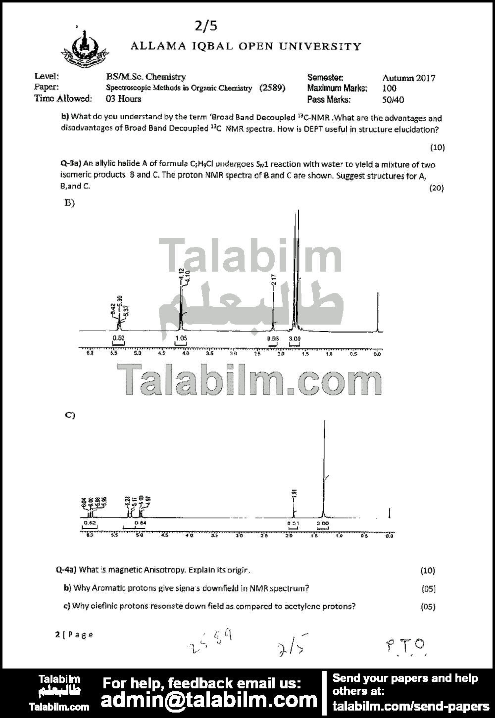 Spectroscopic Methods in Organic Chemistry 2589 past paper for Autumn 2017 Page No. 2