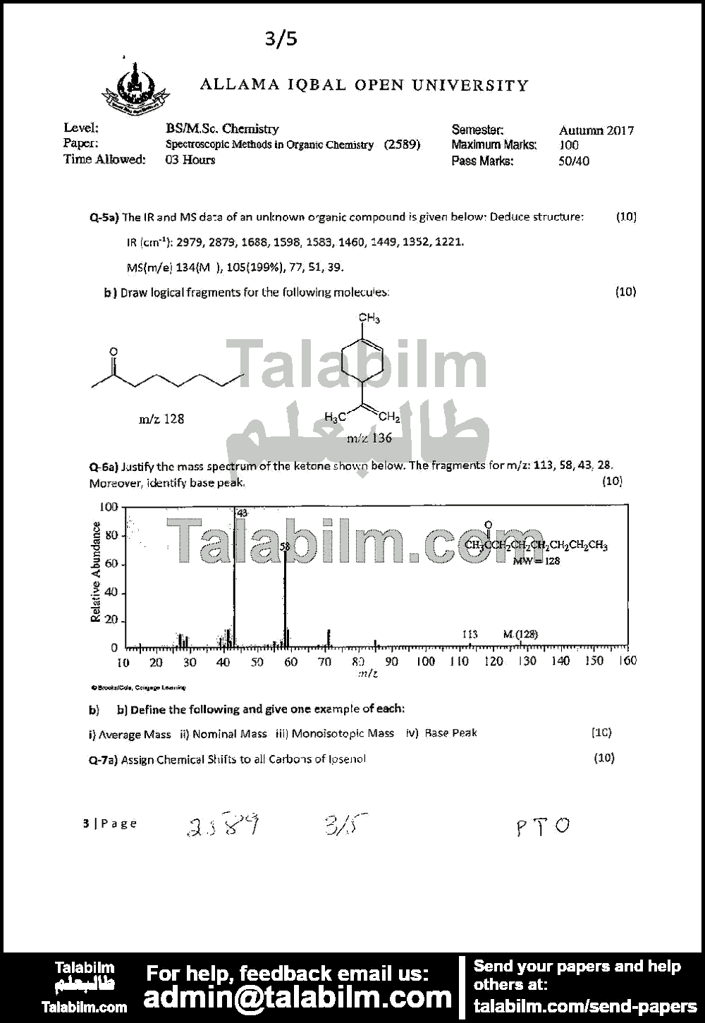 Spectroscopic Methods in Organic Chemistry 2589 past paper for Autumn 2017 Page No. 3