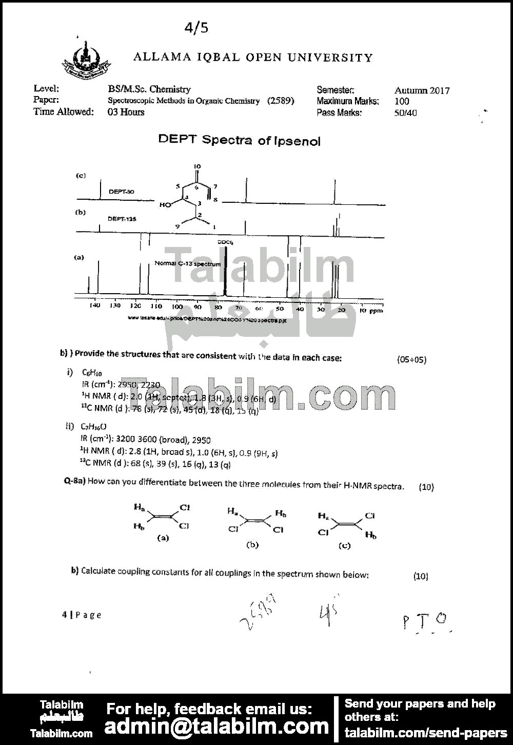 Spectroscopic Methods in Organic Chemistry 2589 past paper for Autumn 2017 Page No. 4