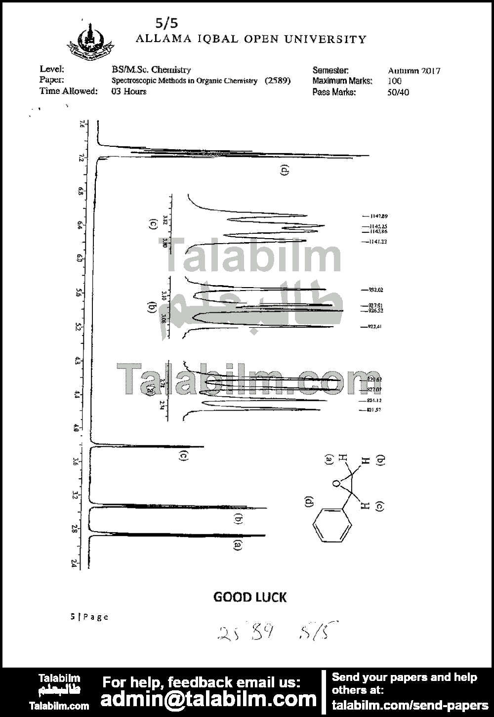 Spectroscopic Methods in Organic Chemistry 2589 past paper for Autumn 2017 Page No. 5