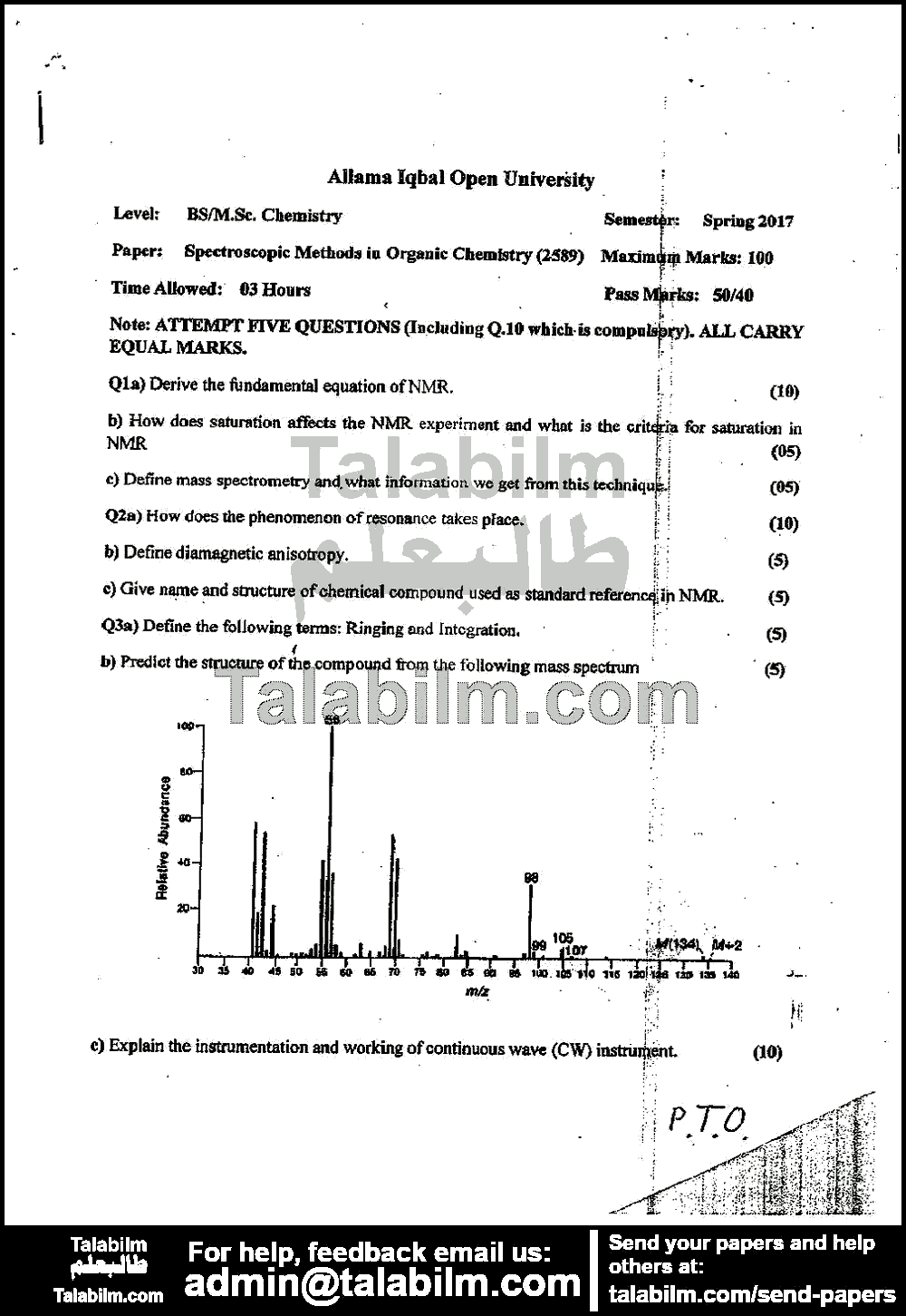 Spectroscopic Methods in Organic Chemistry 2589 past paper for Spring 2017