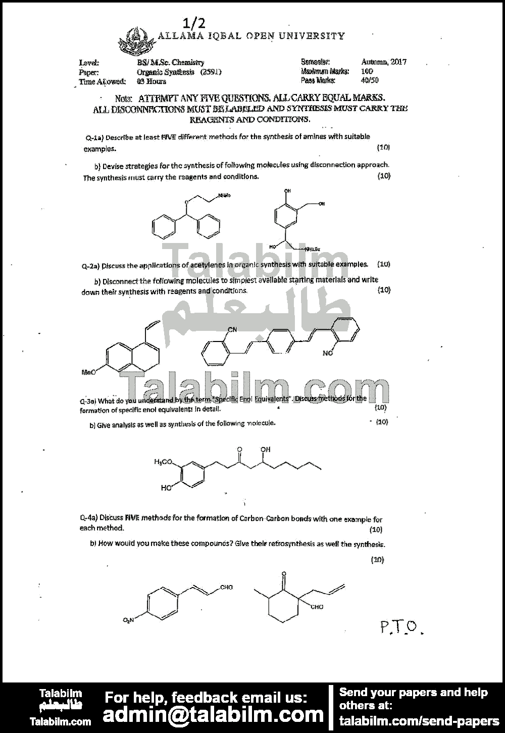 Organic Synthesis 2591 past paper for Autumn 2017