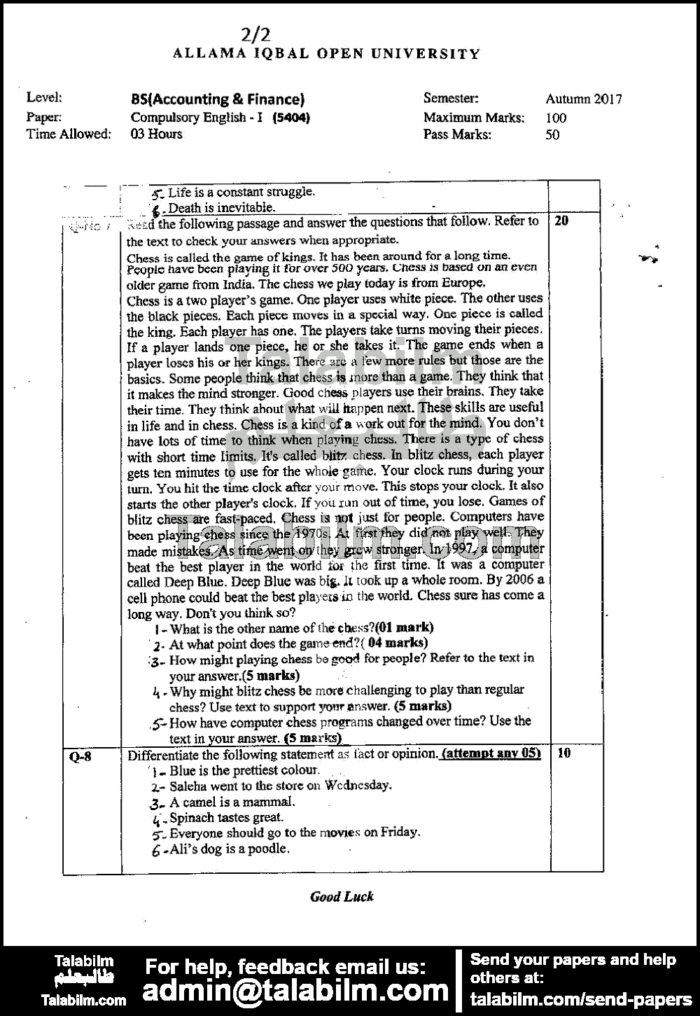 Compulsory English-I 5404 past paper for Autumn 2017 Page No. 2