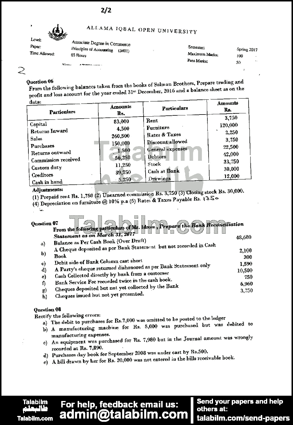 Principals of Accounting 5401 past paper for Spring 2017 Page No. 2