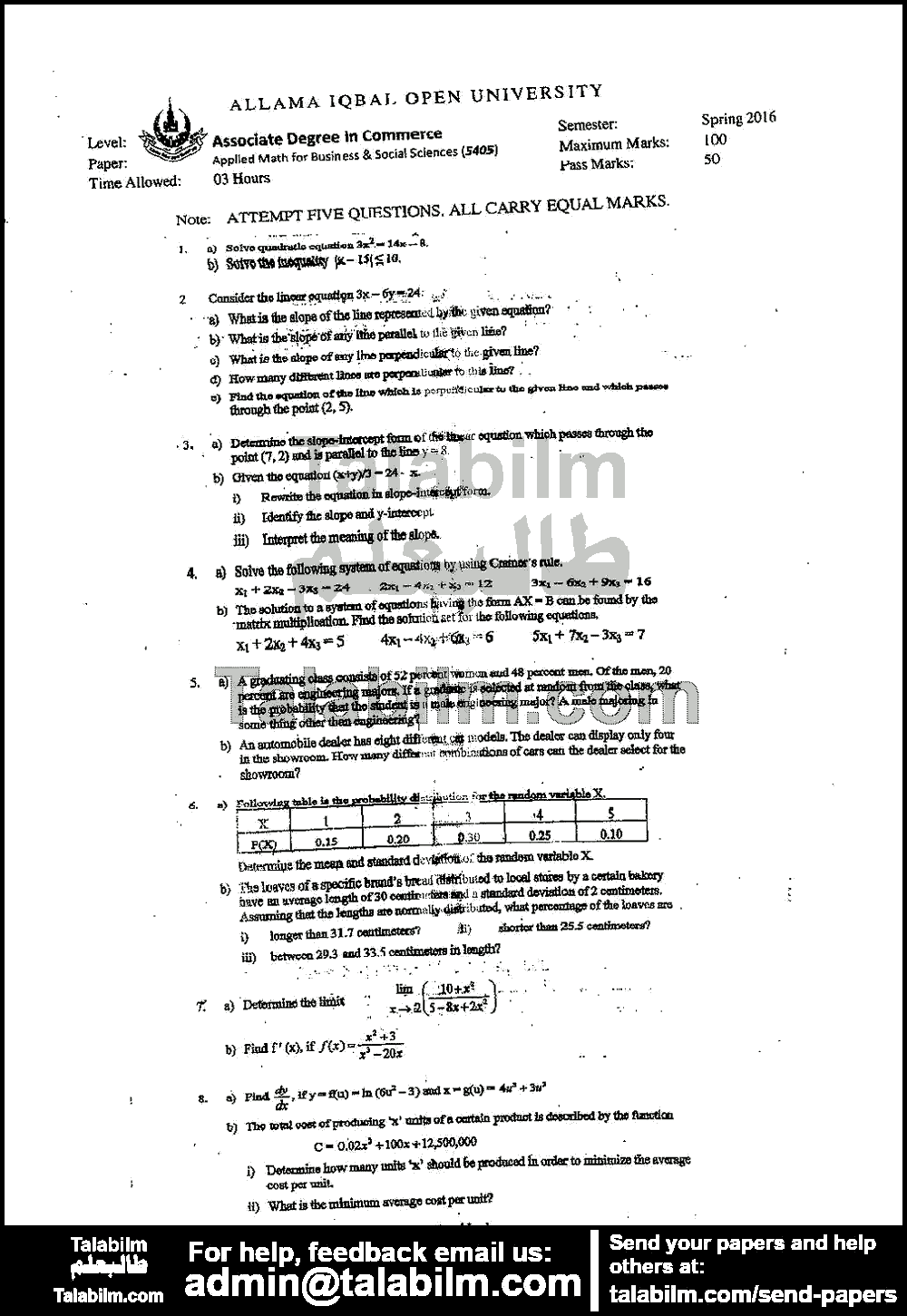 Applied Mathematics for Business and Social Sciences 5405 past paper for Spring 2016