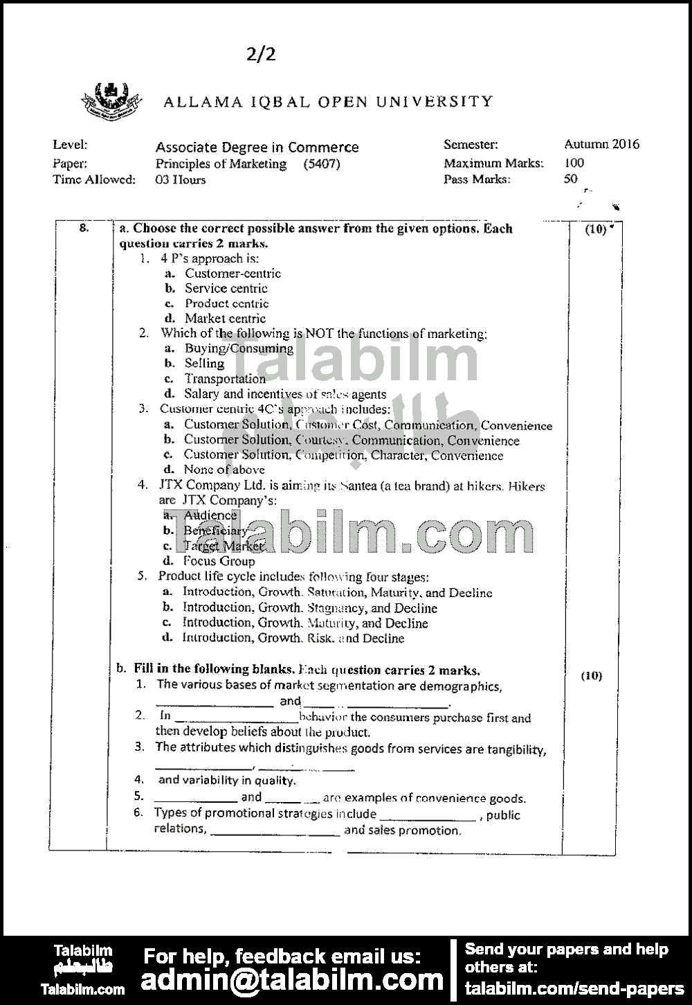 Principals of Marketing 5407 past paper for Autumn 2016 Page No. 2